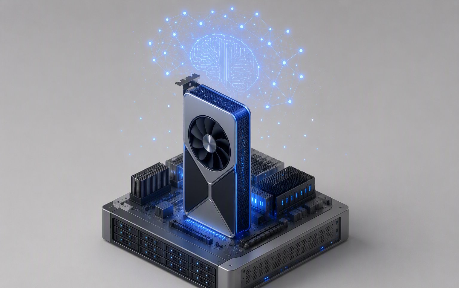 การ์ด GPU สำหรับงาน Ai พร้อมเครือข่ายประสาทรูปสมองลอยเหนือเครื่องเซิร์ฟเวอร์